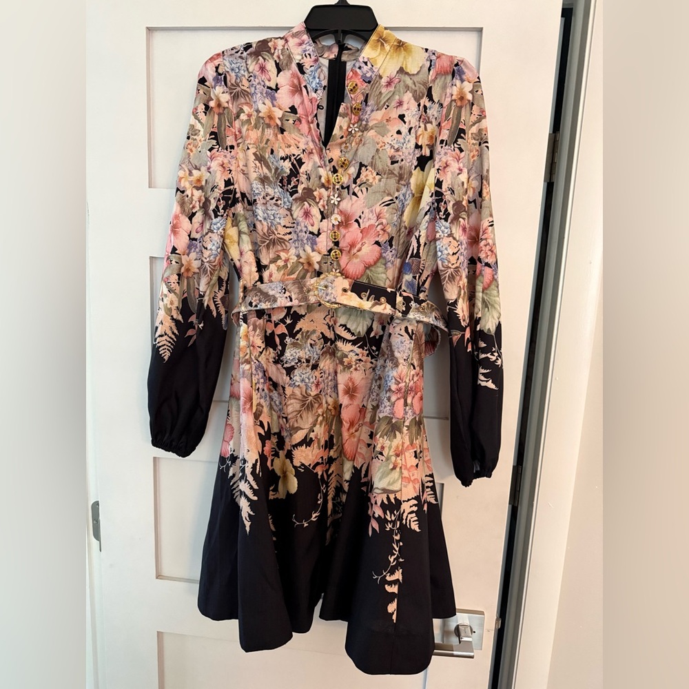 Floral Print Black Midi Dress with Puff Sleeves